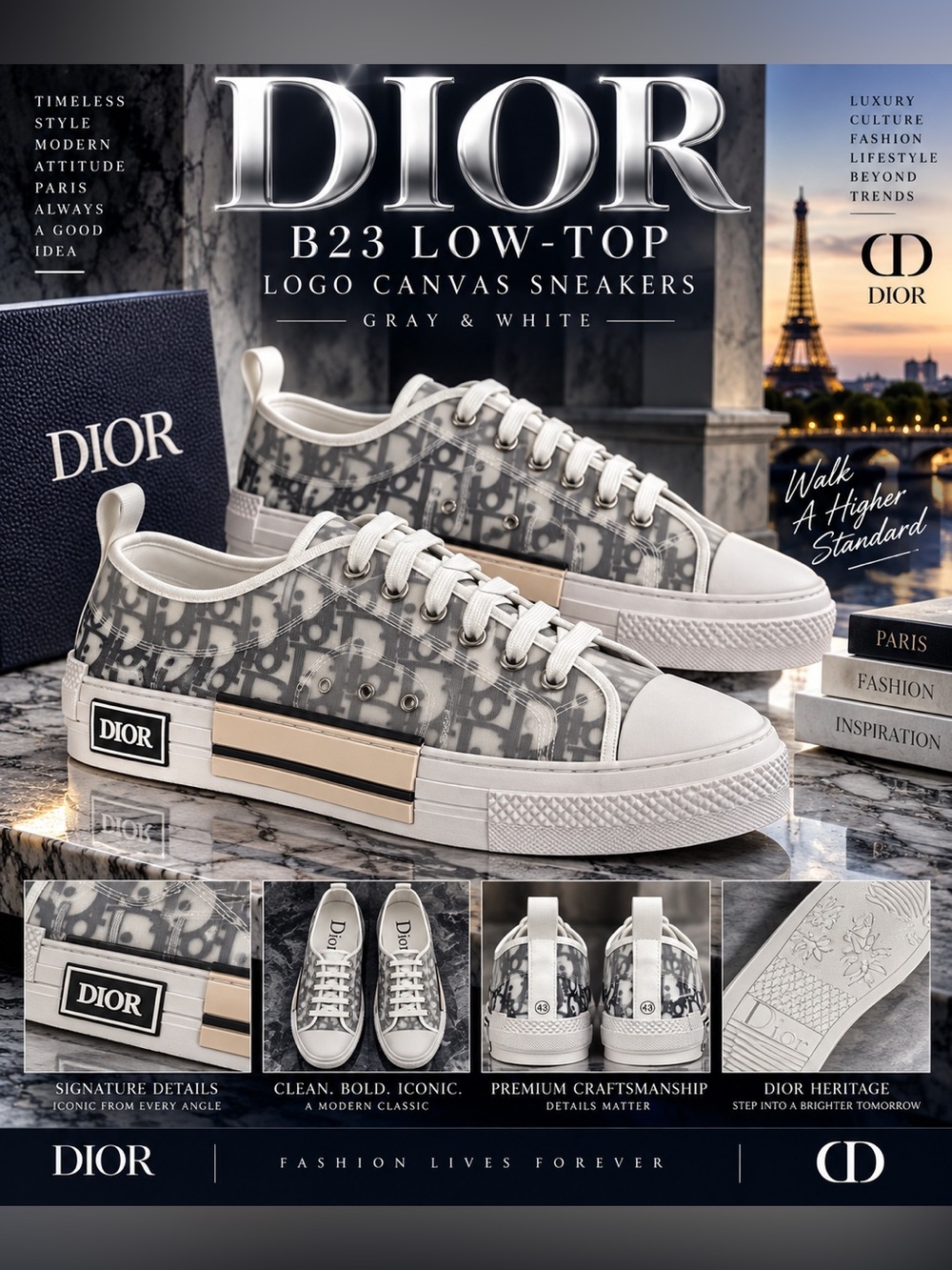 New!🔥Dior B23 Low-Top Logo Canvas Sneakers in Gray and White